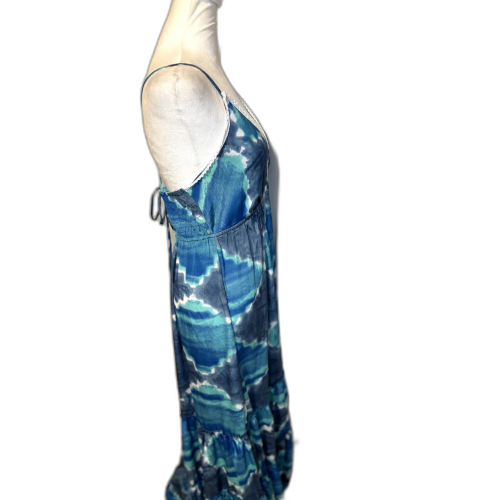 Raga Blue White Tie-Dye Maxi Dress L Bohemian Tiered V-Neck Lace Trim - Picture 4 of 6